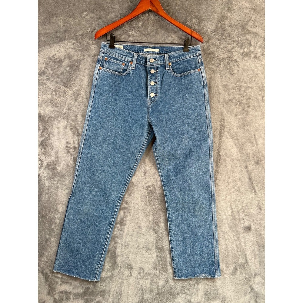 Levis Premium Wedgie Straight Jeans 31x27 Button Fly Raw Hem Denim Medium Wash